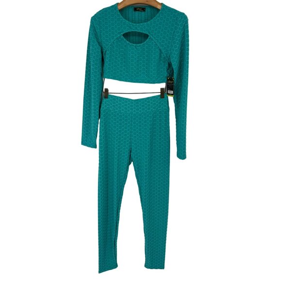 Special one Womens Textured 2 Piece Crop Top Leggings pants Set teal size XL new - Picture 2 of 13